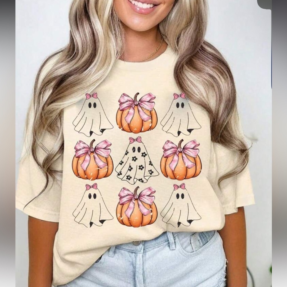 SHEIN Halloween Ghost Pumpkin Pink Bow Cream Graphic Tee‎ Shirt Womens Medium
